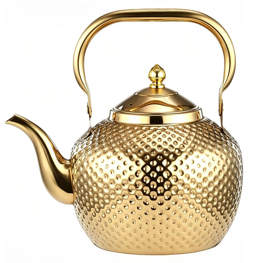 2L/67.6oz Gold Tea Kettle, Hammered Stovetop Teapot with Removable Fine Mesh Infuser, Stainless Steel Rust-proof Vintage Water Boiler for Induction/Gas, Home Office Camping Gift
