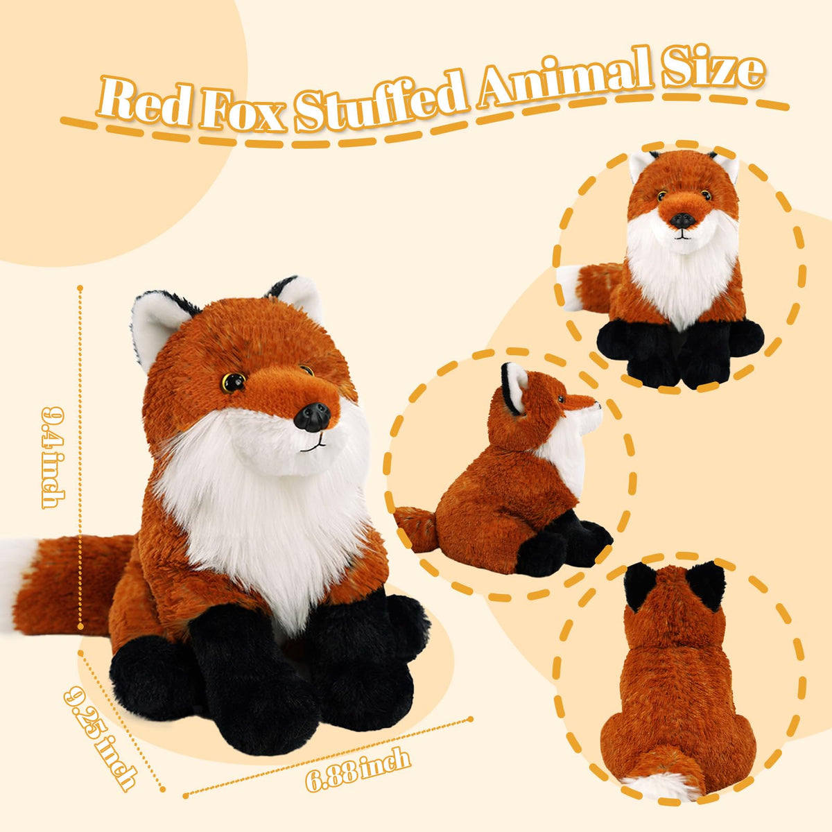 Realistic Sitting Red Fox Stuffed Animal - 9.4 Inch Ultra-Soft Fox Plush Toy, Woodland Stuffed Animals for Boys & Girls, Plushie Doll Gift for Kids Toddlers Adults