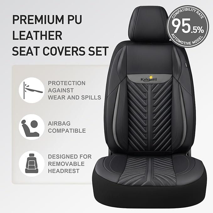 PU Leather Car Seat Covers Full Set – Waterproof seat Cover for Cars，3D Foam Support Automotive seat Covers ，Airbag Compatible, Universal Fit for Cars SUVs Trucks Sedans（Black/Grey）