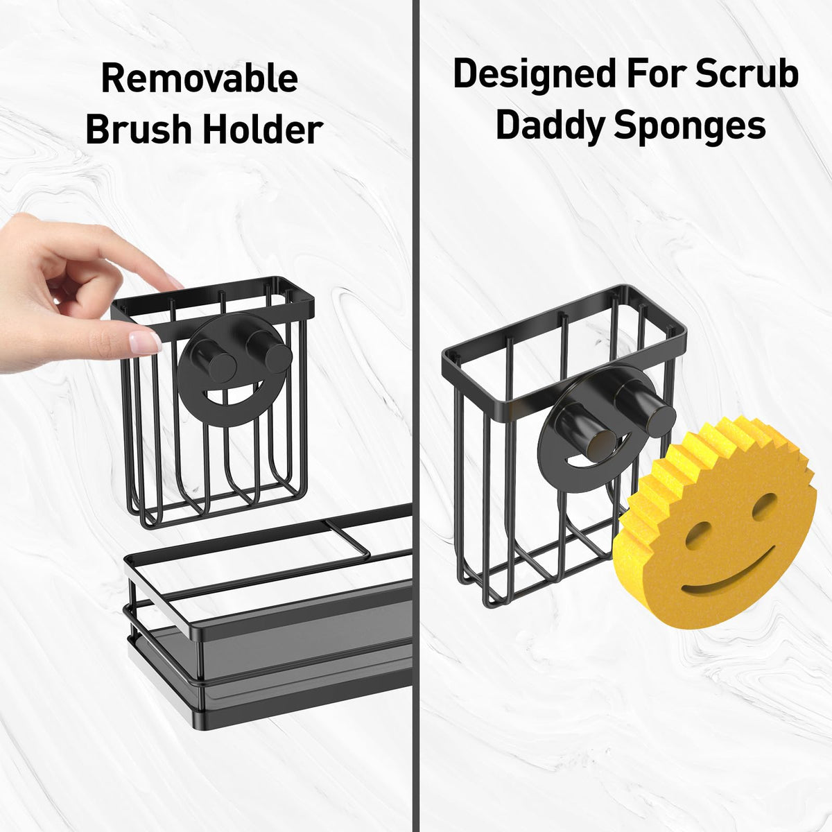 Moforoco Kitchen Dish Soap Dispenser Set, 16OZ Glass Bottle, Hand and Dish Soap Dispenser Set, Instant Dry Tray, Brush Holder with Smiley Face Sponge Holder (Black Tray+Black&White Bottle)