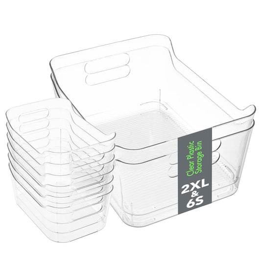 Tiawudi Set of 8 Clear Plastic Storage Bins, 2 Extra Large and 6 Small Storage Containers for Pantry Organization, Multi-Use Organizer Bins for Home, Kitchen, Cabinet, Bathroom, Fridge & Freezer
