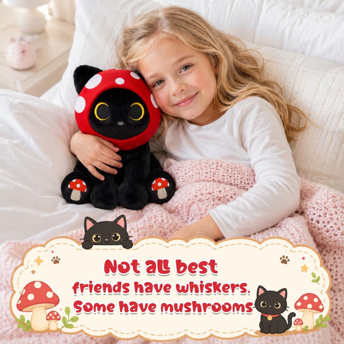 JEROKUMI Cat Mushroom Plush - 8" Black Cat Stuffed Animal
