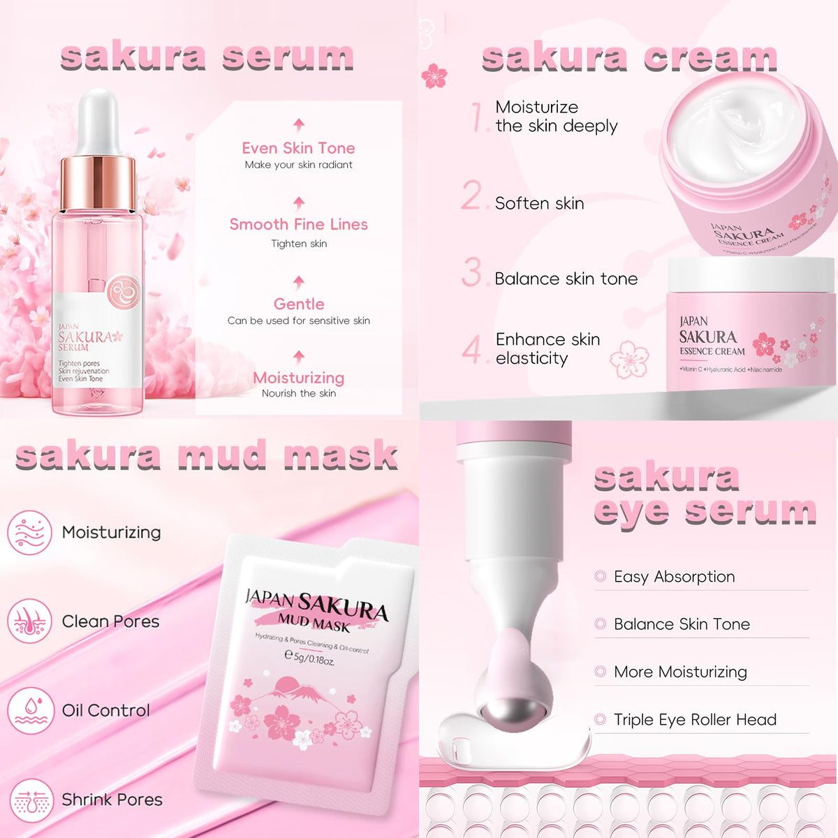 Sakura Skin Care Set Christmas Birthday Gifts for Teen Girls -Skincare for Girls 10-12 - Kids Skin Care Set for girls Ages 8-12 - Kids Skin Care for Teens 10-12 - Skin Care Kit for Women with Gua Sha