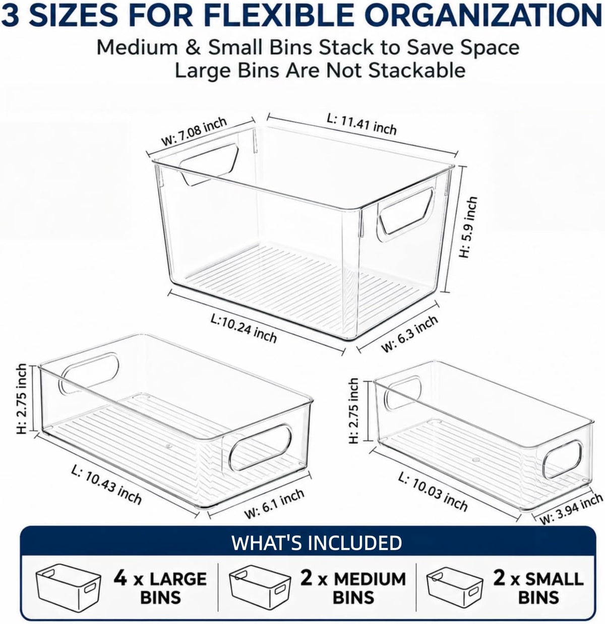 8 Pack Clear Bins for Organizing, Pantry Storage Bins, 3 Sizes: 4L+2M+2S