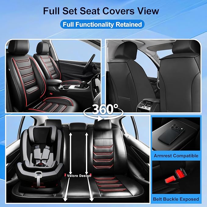 Fit Prologue Car Seat Covers (Front Pair) for Select Honda Prologue 2024-2026 - Premium Full Coverage Leather, Airbag Compatible, Waterproof & All Weather Seat Cushion Protector, Red Trim