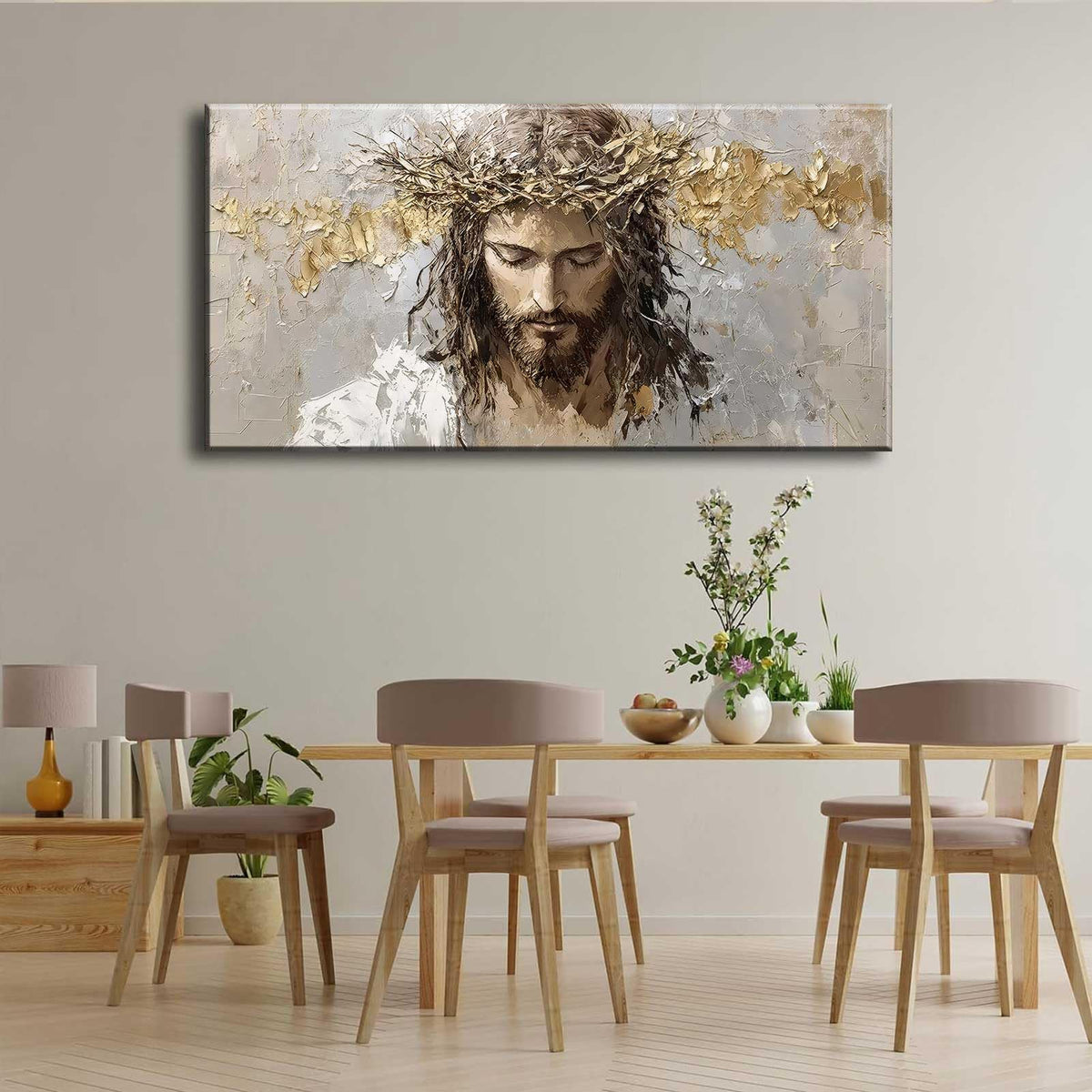 Large Jesus Portrait Canvas Wall Art Abstract Gold Thorns Jesus Painting Decor Pictures Beige Gray Christian God Posters Prints for Dining Living Prayer Room Kitchen Church Wall Bedroom Decoration