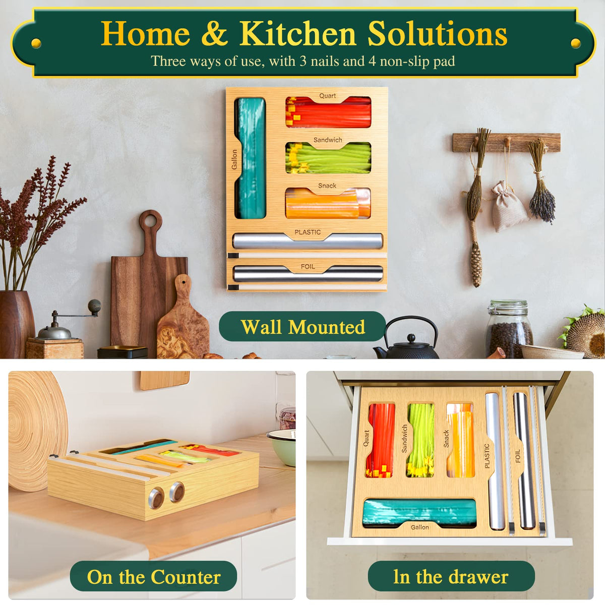 KOCWELL Bag Organizer and Plastic Wrap Dispenser with Cutter, 6 In 1 Bamboo Foil and Plastic Wrap Organizer for Kitchen Drawer, Food Storage Bag Organizer for Gallon,Quart,Sandwich,Snack(Yellow)
