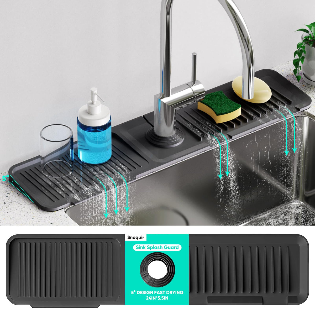 24'' Longer Faucet Mat for Kitchen Sink Splash Guard Drain Mat Behind Fauce