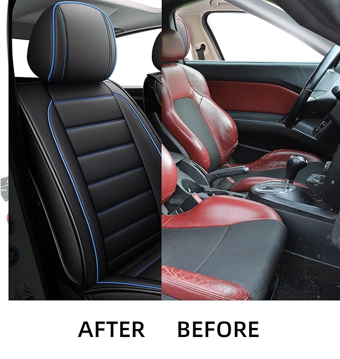 CAPITAUTO Leather Car Seat Covers, Waterproof Faux Leatherette Cushion Cover for Cars SUV Pick-up Truck Universal Fit Set for Auto Interior Accessories(2 Front Blue&Black)