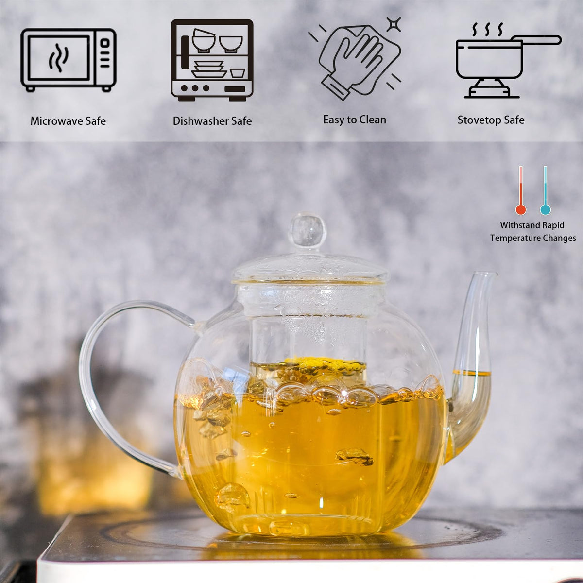 Glass Teapot Set with 4 Teacups, Large Tea Pot with Infusers