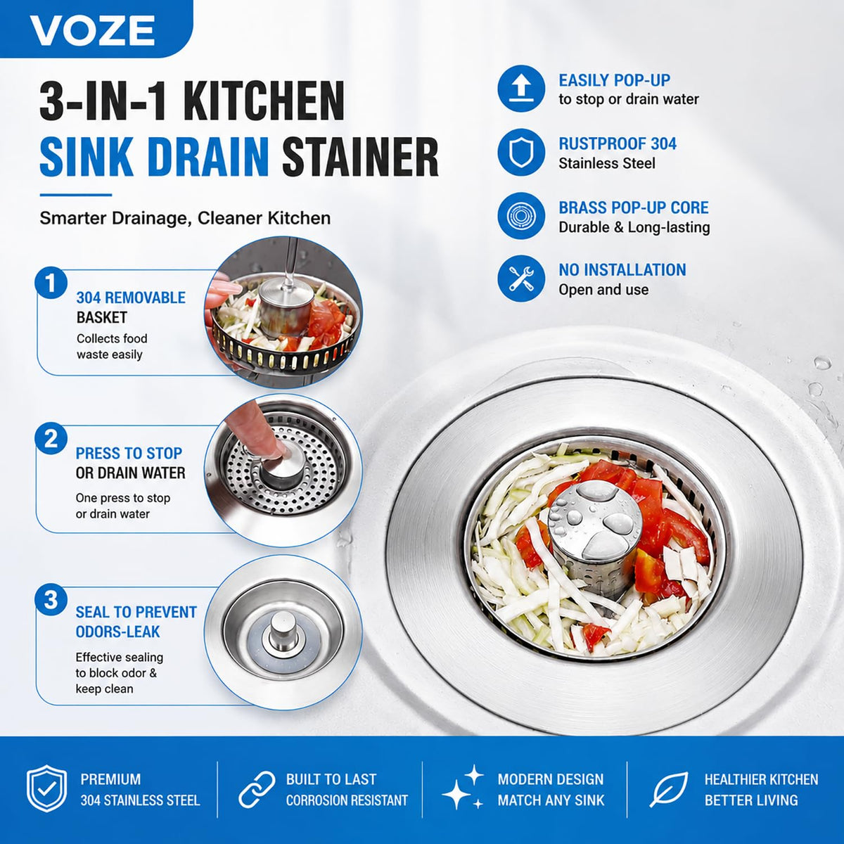 3-in-1 Kitchen Sink Drain Strainer & Stopper with Basket, Stainless Steel Drain Plug Cover Catcher for Food Waste - Sink Accessories for Home or Kitchen Sink Shroom Fit US Standard 3-1/2'' Drain Hole