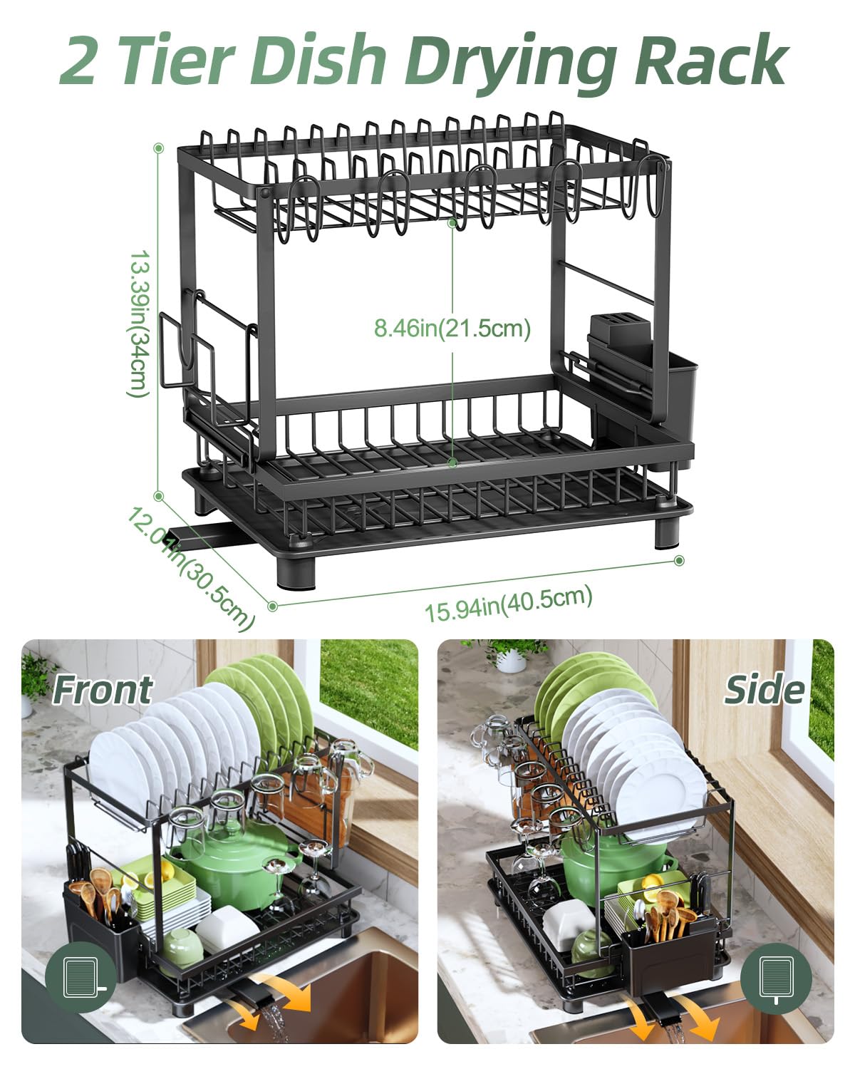 Nfnoyp 2-Tier Dish Drying Rack for Kitchen Counter, Space-Saving, Black