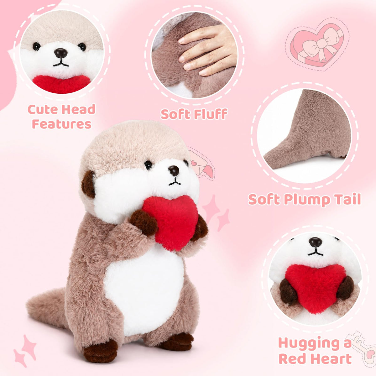 Cute Otter Stuffed Animal with Red Heart, Soft Plushie Gift for Kids 9.8"