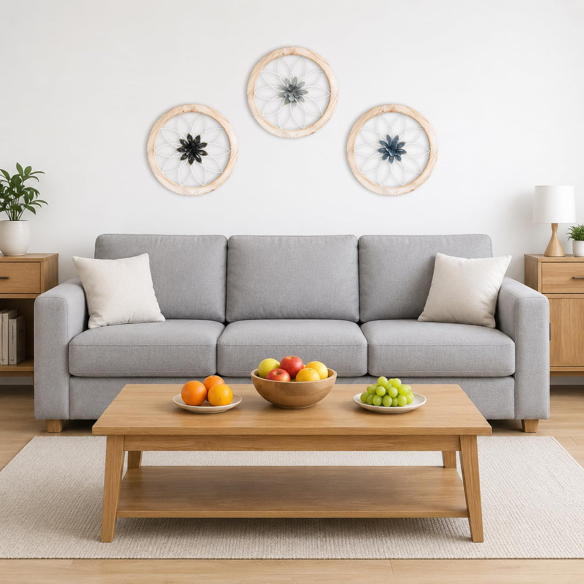 Paquesta 3 Piece Round Farmhouse Wall Decor with 6 Piece Interchangeable Flowers 12'' Medallion Wood & Metal Rustic Wall Art for Living Room Bedroom Kitchen Bathroom Dining Room Home Decorations