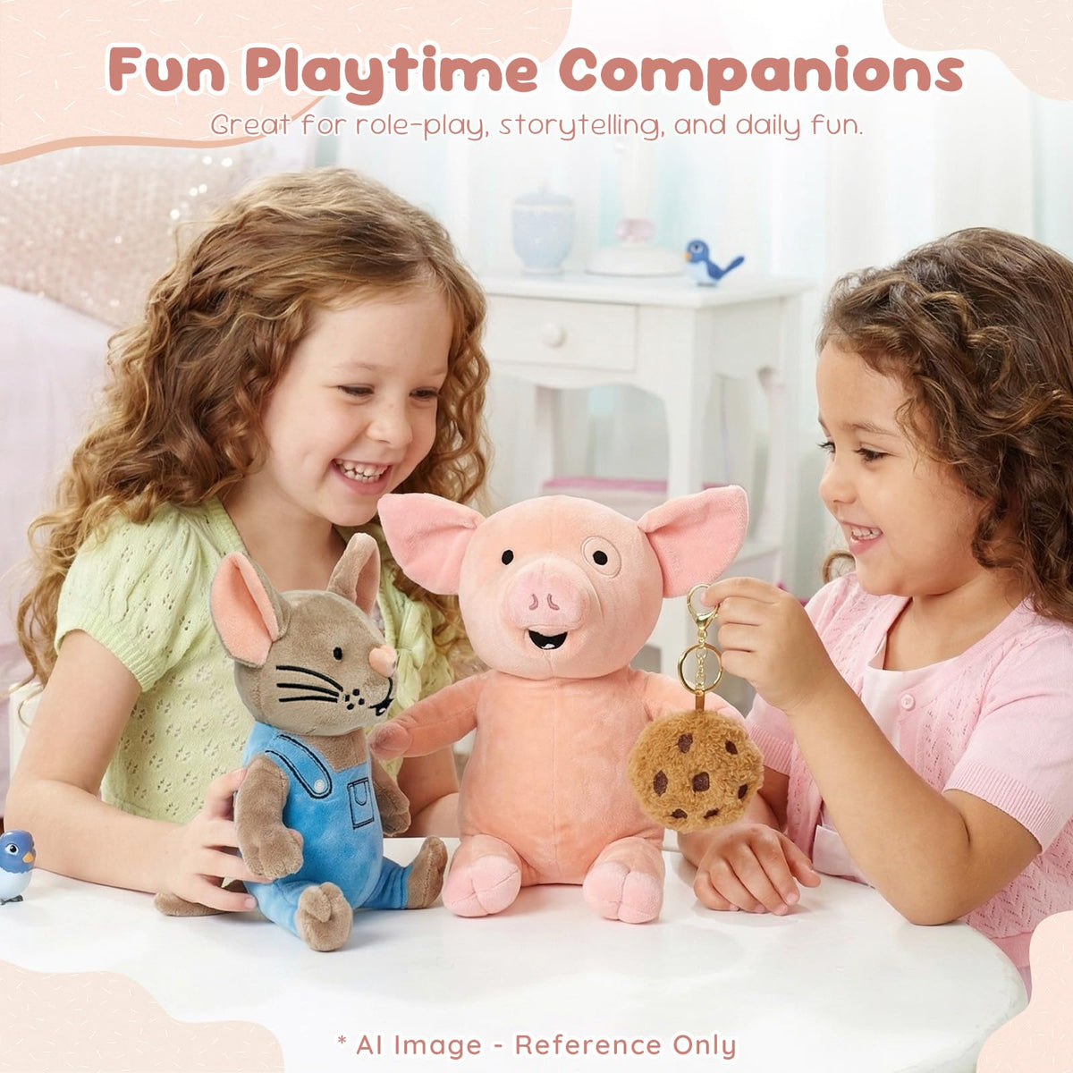 Pig & Mouse Plush Set with Cookie Keychain, Reading Buddy Gift for Kids