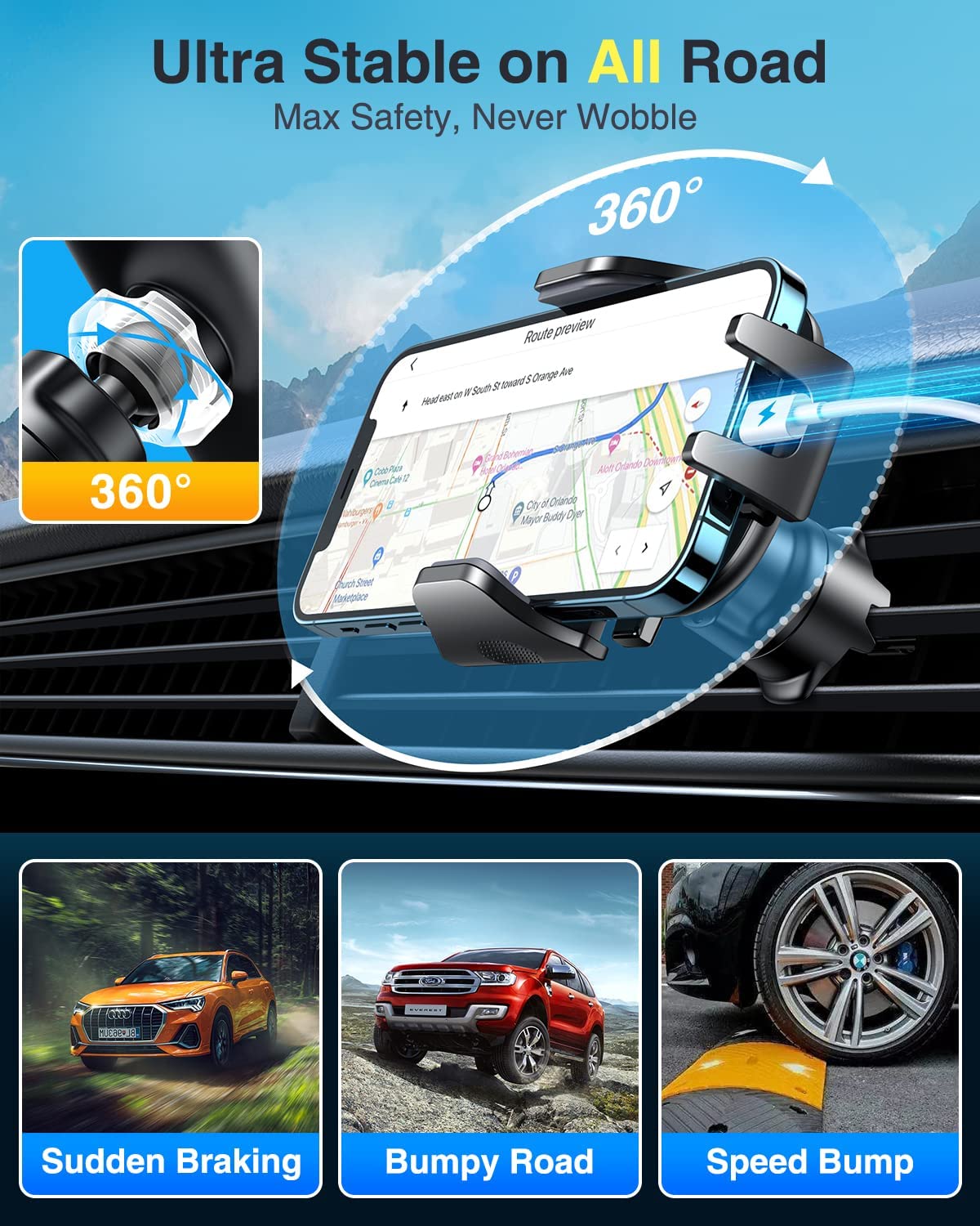 [True Military-Grade] Car Phone Holder VANMASS [Upgraded Strongest Suction&Clip] Cell Phone Mount for Dashboard Windshield Vent Kit, Truck Cradle Stand for iPhone 18 Pro Max 17 16 15 Android,Ink Black