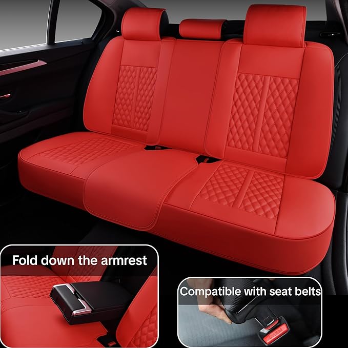 Red Car Seat Cover Full Set , Universal Car Seat Cover for Car with Lumbar Support, Premium Faux Leather, Waterproof and Easy to Clean, Airbag Compatible, Suitable for SUV, Pickup Trucks, Sedans