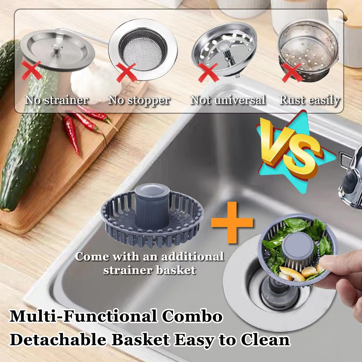 BAOLSLS 3 in 1 Kitchen Sink Stopper, Pop Up Kitchen Sink Drain Strainer