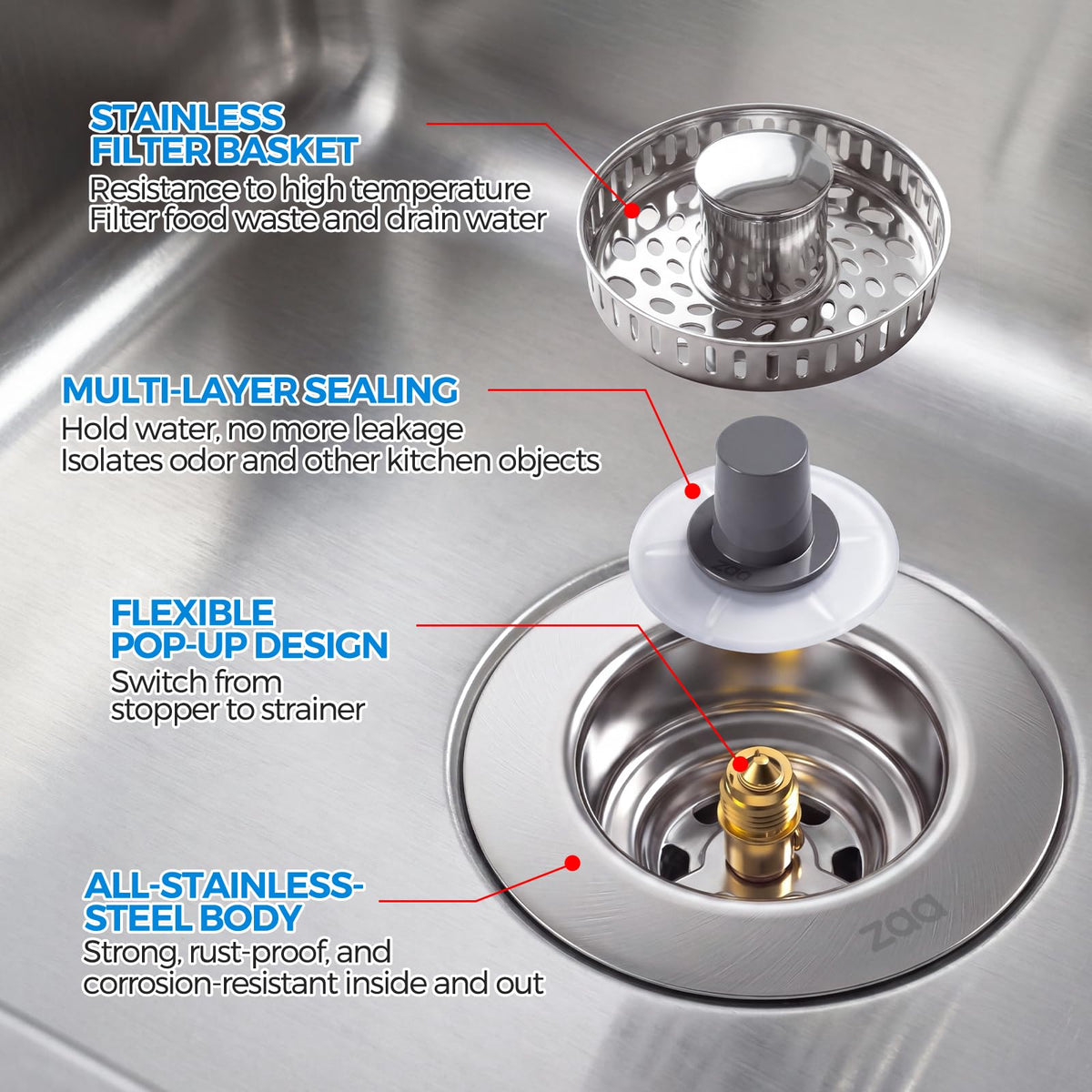 ZAA 3-in-1 Kitchen Sink Drain Strainer, 304 Stainless Steel Sink Stopper