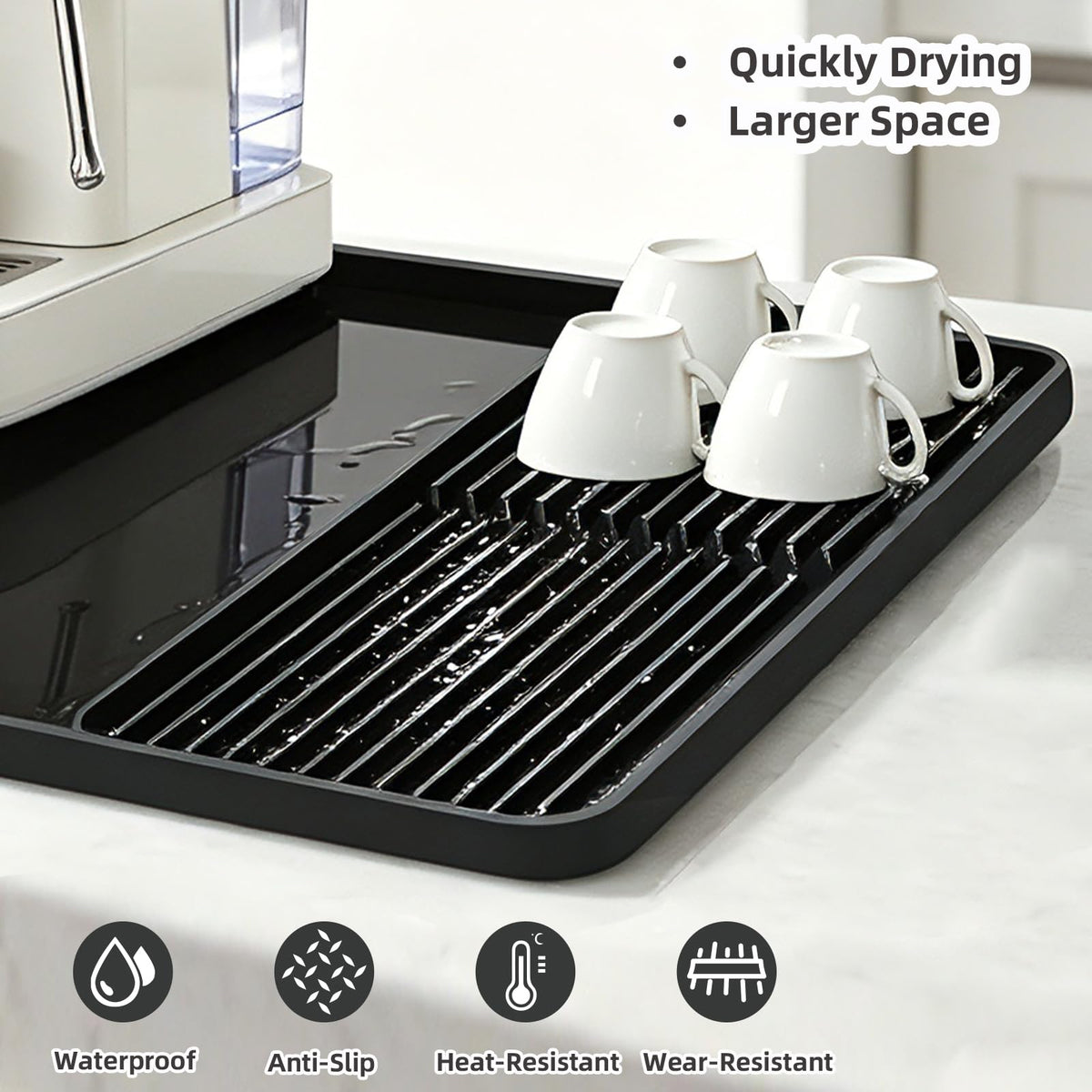Coffee Mat with Detachable Dish Drying Mat，24'' x 16'' Large Silicone Coffee Bar Station Mat for Countertop, Stays in Place, Waterproof and Heat Resistant Machine Accessories Mat with Raised Edges