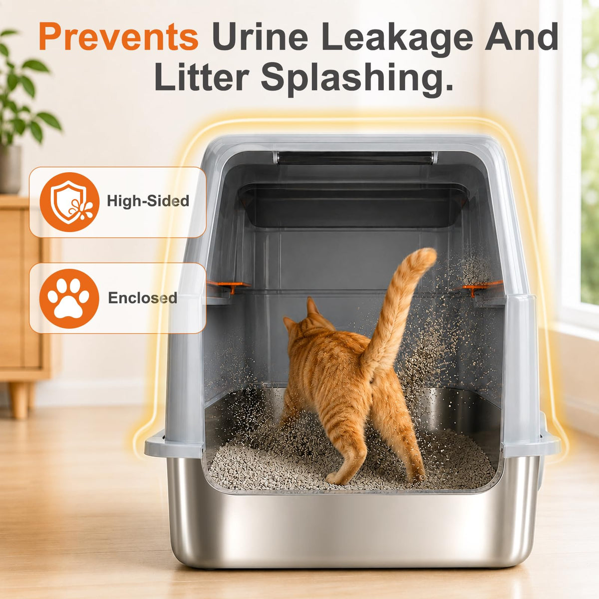 Stainless Steel Cat Litter Box with Lid, High Sided Enclosed Litter Box