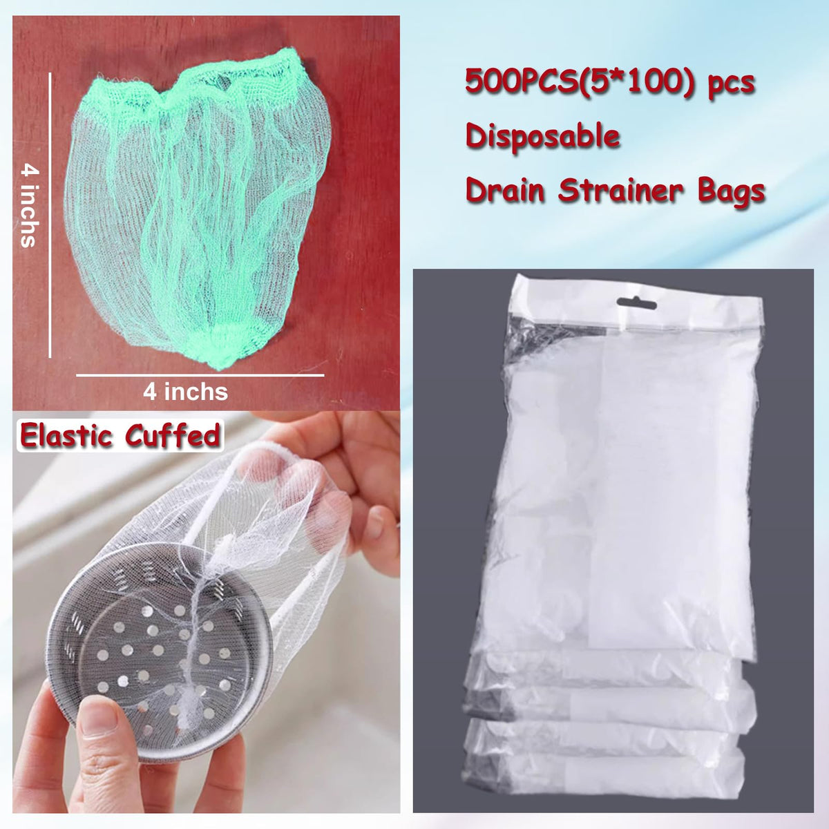 500 Filter Net Bags for Sink Drain Strainer with Storage & Dispenser Box