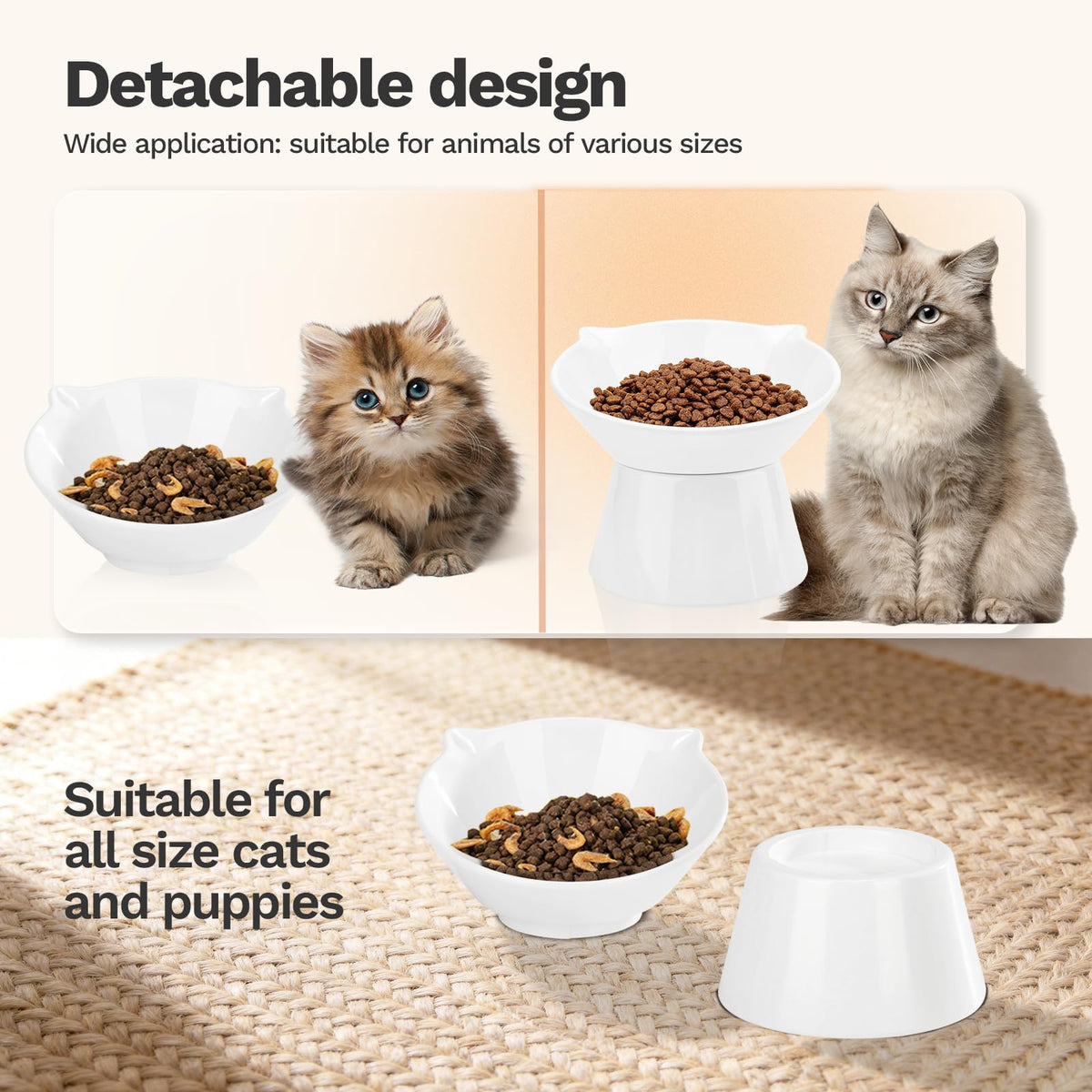 Raised Cat Bowls, 6.3" Extra Wide Shallow Elevated Cat Bowl Detachable, 15° Tilted Whisker Friendly Cat Feeding Bowl, 16oz Capacity, Anti-Vomiting, Neck Protection, Food&Water for Cats Puppies, White