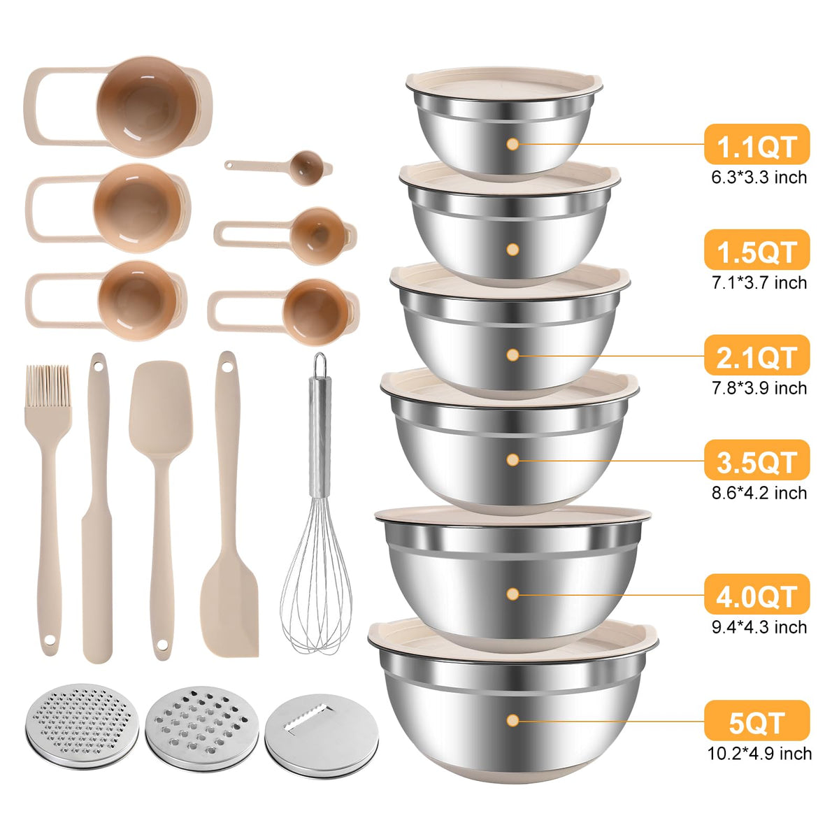 Mixing Bowls with Airtight Lids Set, Non-Slip Silicone Bottoms, Khaki