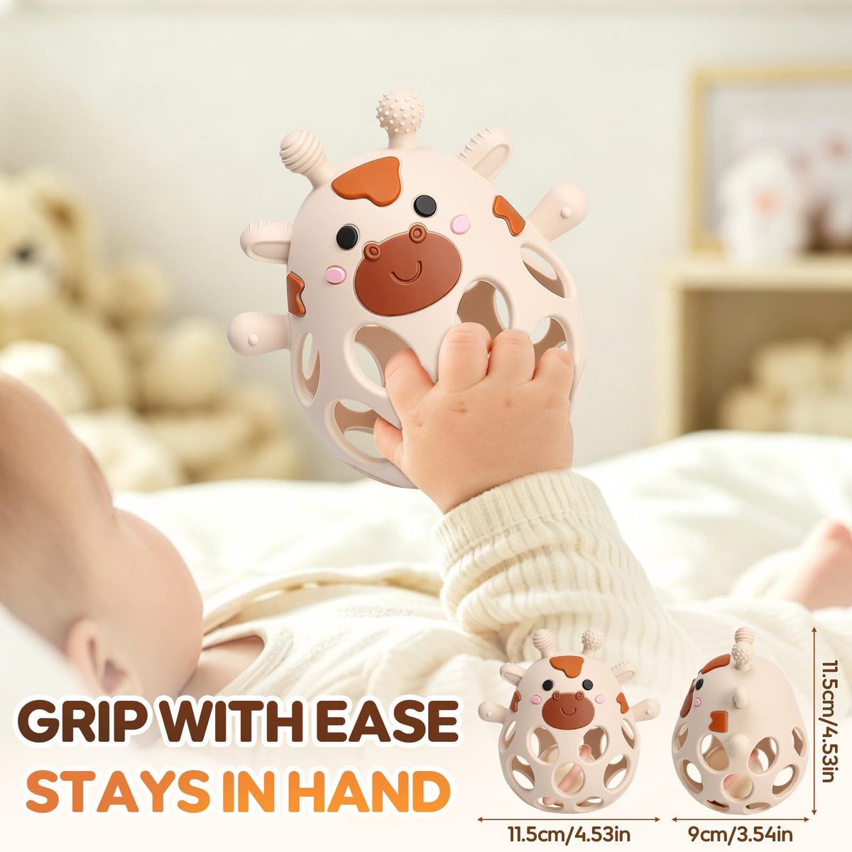 2-in-1 Baby Teething Rattle Toys, Silicone Teethers for 3-6 6-12 Months