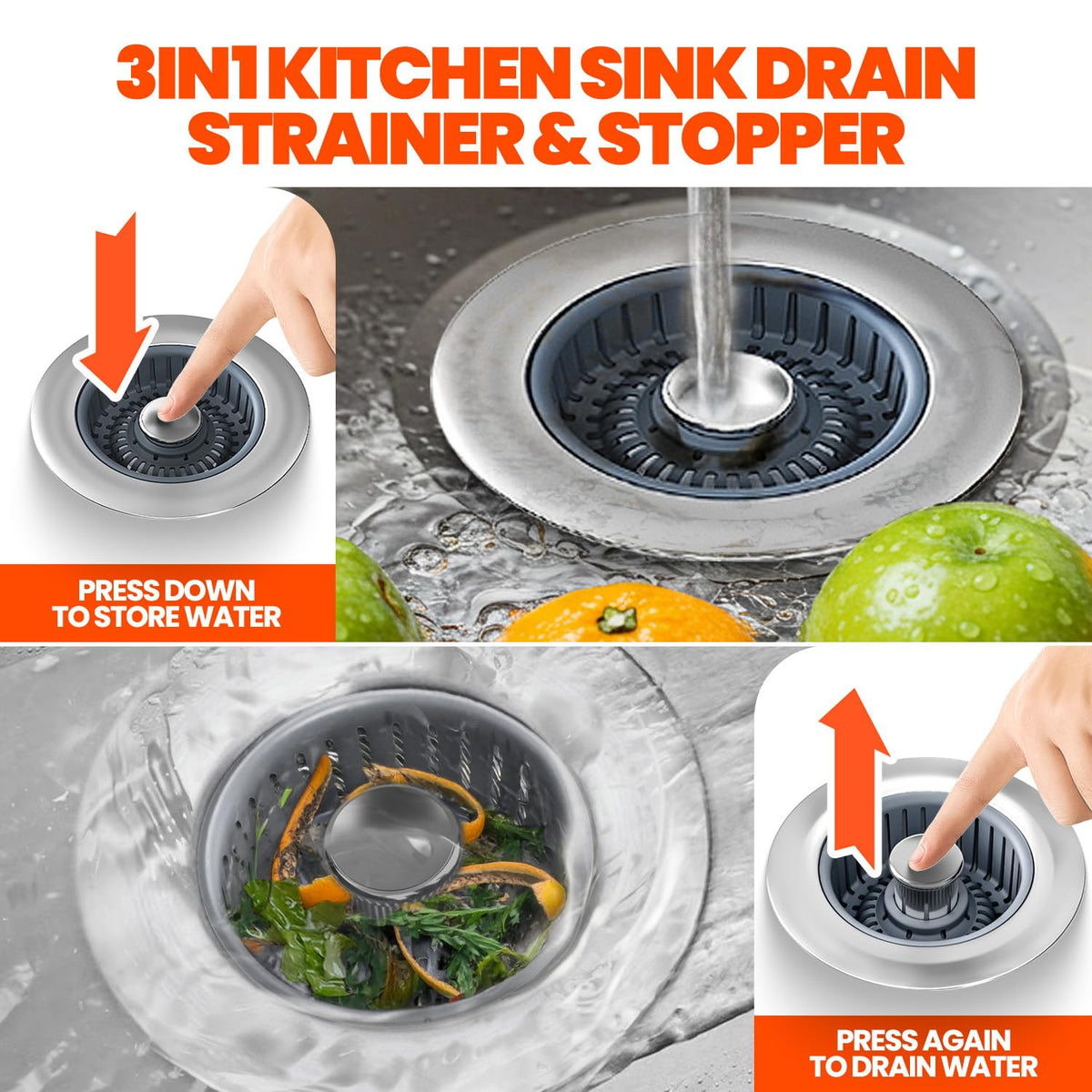 Nipoko 3 in 1 Kitchen Sink Drain Strainer and Stopper Silver 1 Pack