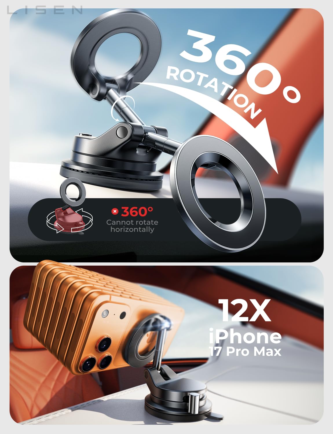 LISEN for MagSafe Car Mount [3800gf Strong Magnet&90+LBS Suction] 360° Adjustable Vacuum Magnetic Phone Holders for Your Car, for iPhone 18 Pro Max 17 16 15 14 13 12 Plus Air for Shower All Smartphone