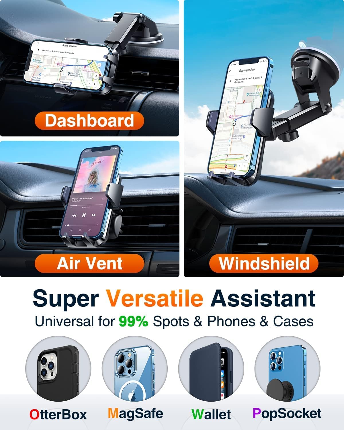 VANMASS【85+LBS Strongest Suction & Military-Grade Ultimate Car Phone Mount【Patent Safety Certs】 Cell Phone Holder for Dash Windshield Vent for iPhone 18 17 Pro Max Automobile Interior Sets, Ink Black