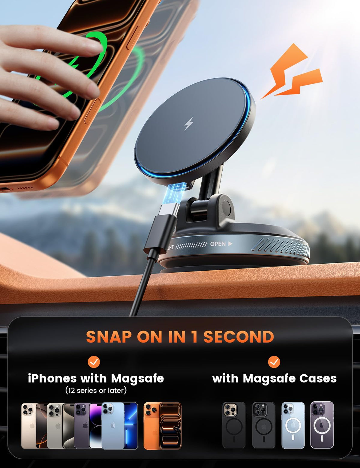 Lamicall 15W for MagSafe Car Mount Charger, 360° Wireless Car Phone Holder