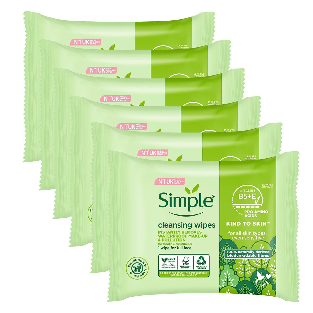 Simple Kind to Skin Cleansing Facial Wipes, 25 Count (Pack of 6)