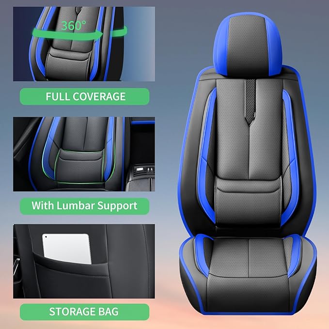 Fit Forester Car Seat Covers for Subaru Forester 2007-2024 2025 2026 -Upgraded Premium Waterproof & Breathable Leather,Airbag Compatible,All-Weather Seat Cushion Protector,Full Set,Black-Blue
