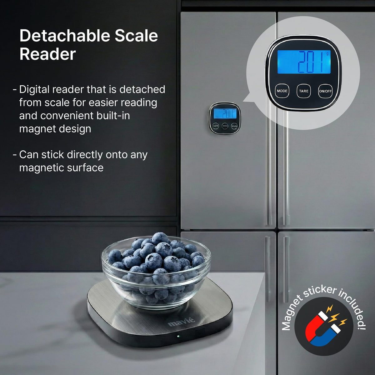 MAVIÉ Wireless Stainless Steel Kitchen Scale with Magnetic Detachable Display, 8 Unit Modes, Precision Tare, 5kg Capacity, Ultra-Slim Digital Food & Baking Scale