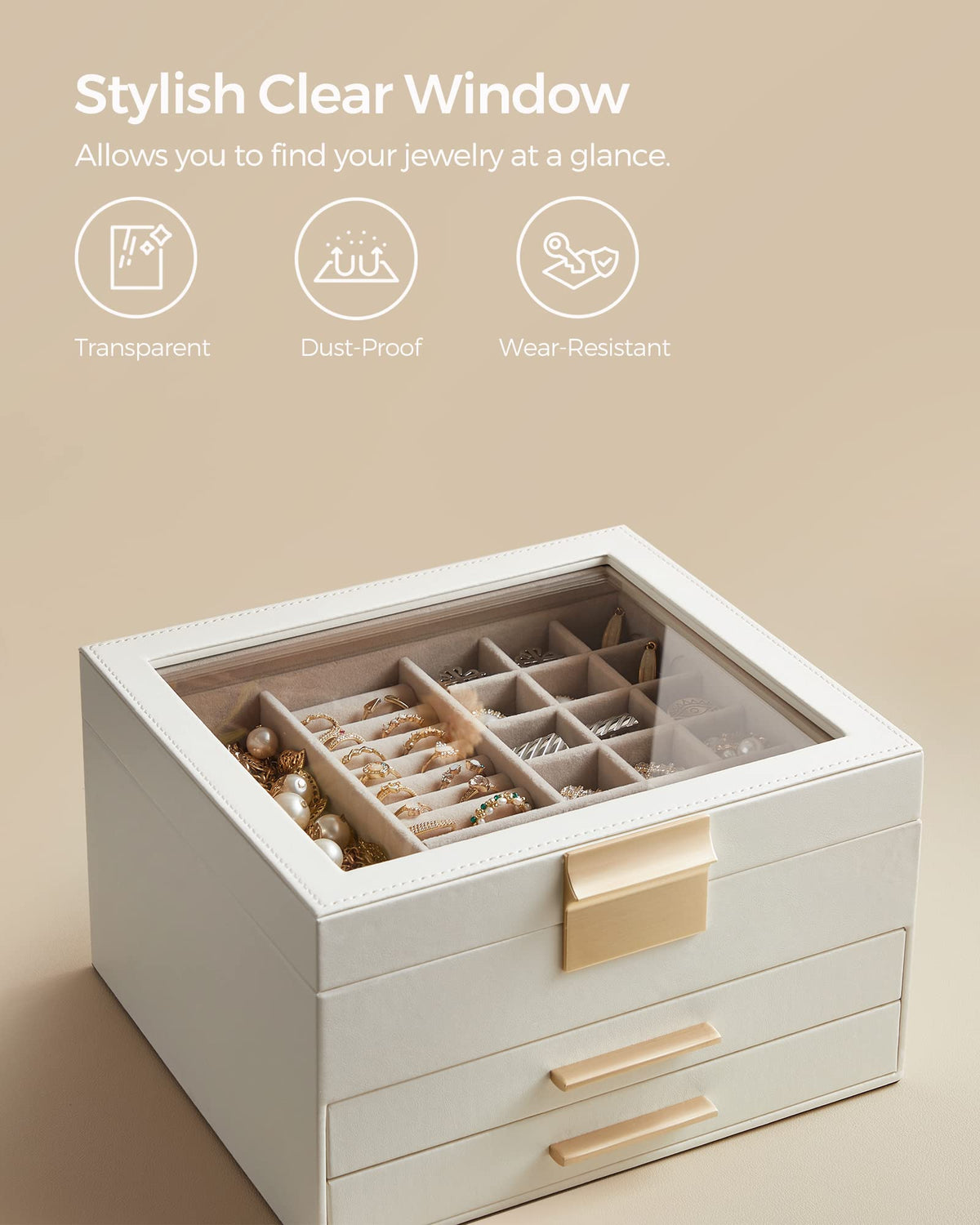 SONGMICS Jewelry Box Organizer, 3-Layer Storage with 2 Drawers, Glass Lid