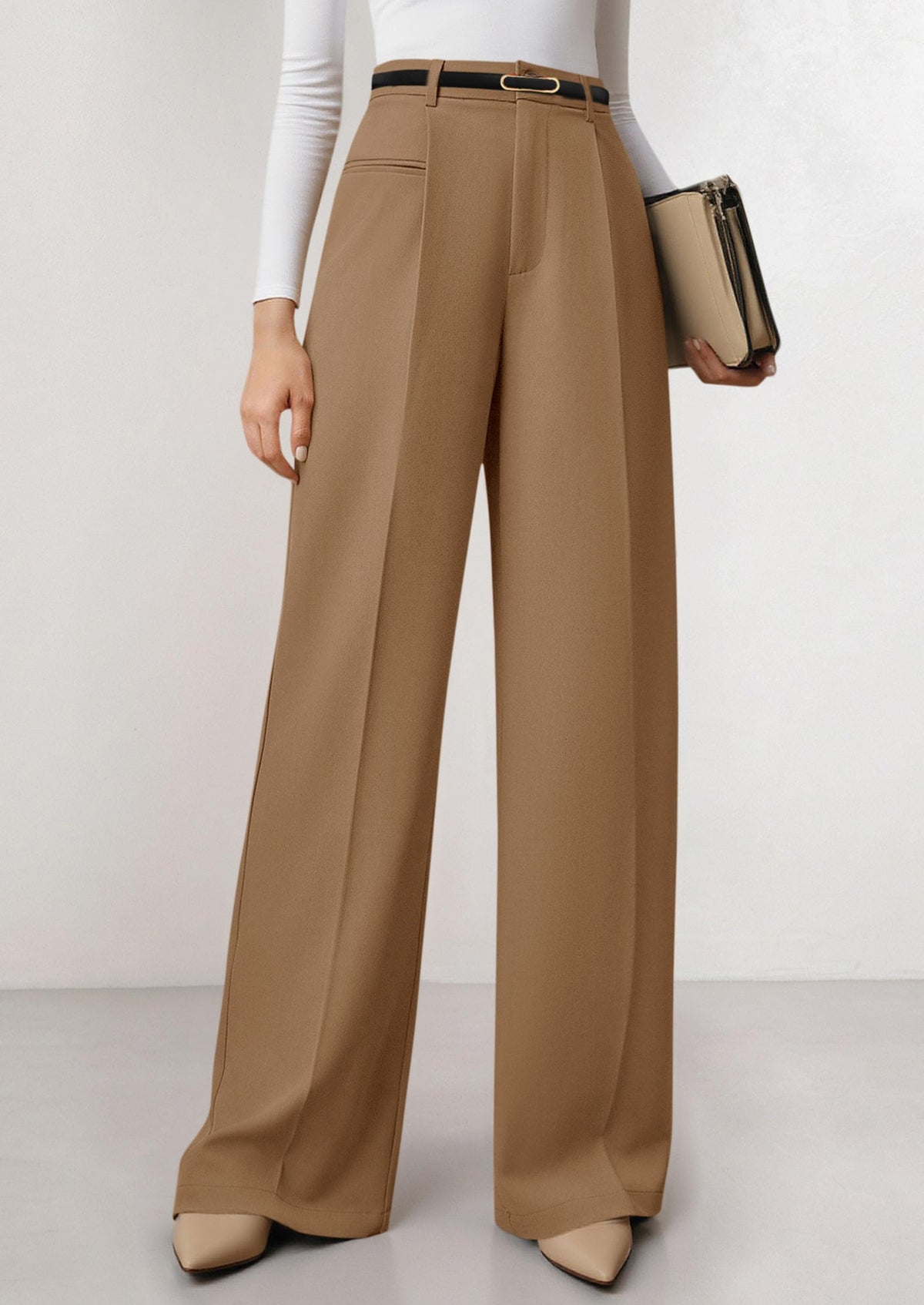 PRETTYGARDEN Women's Tailored Wide Leg Work Dress Pants,Khaki,L