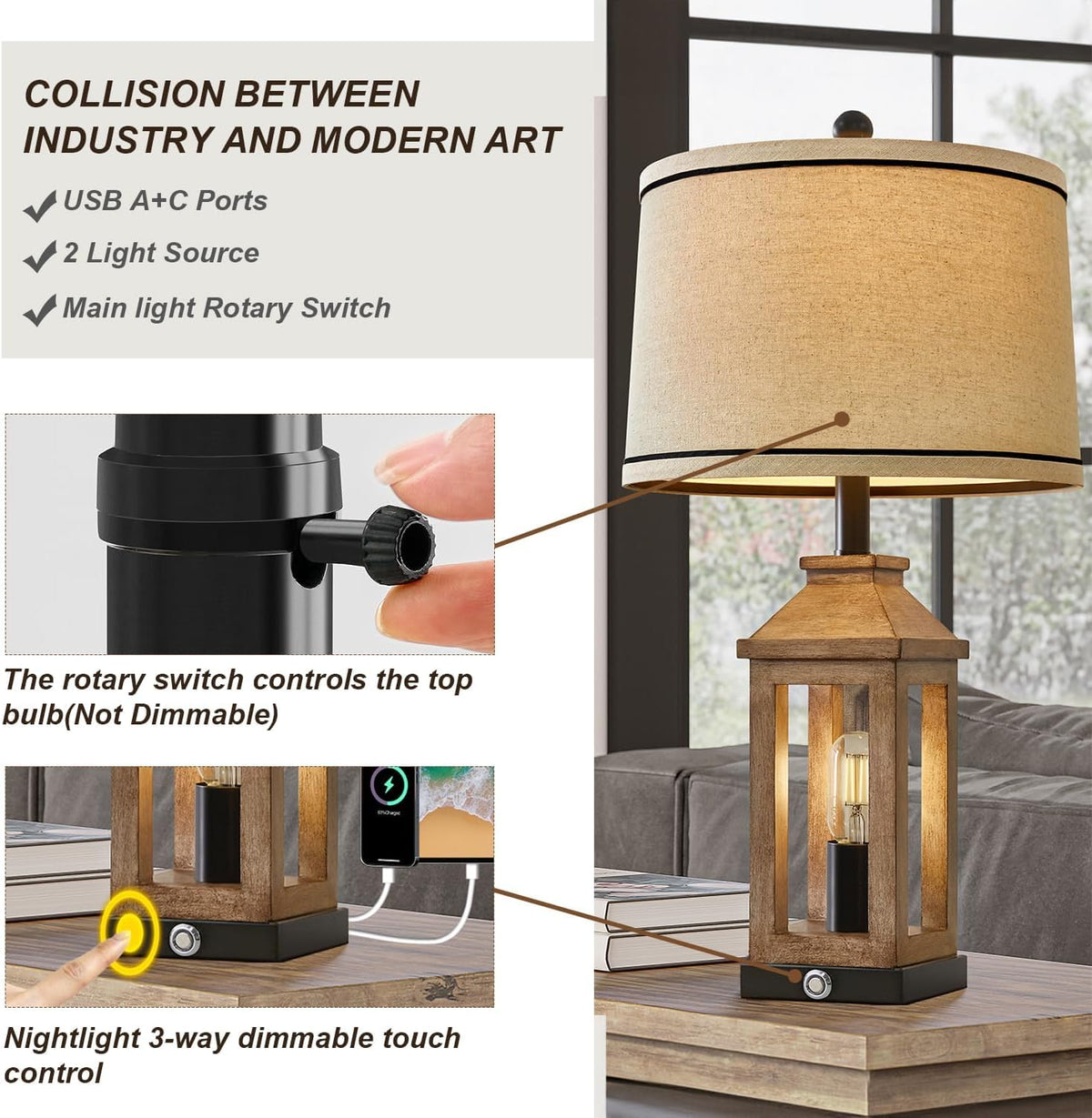 G-SAFAVA 23.75" Farmhouse Table Lamps USB A+C Charging Ports 3-Way Dimmable