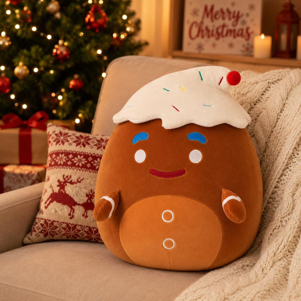 Christmas Gingerbread Man Plush Toy with Frosting Hat, Plushie Pillow 12"