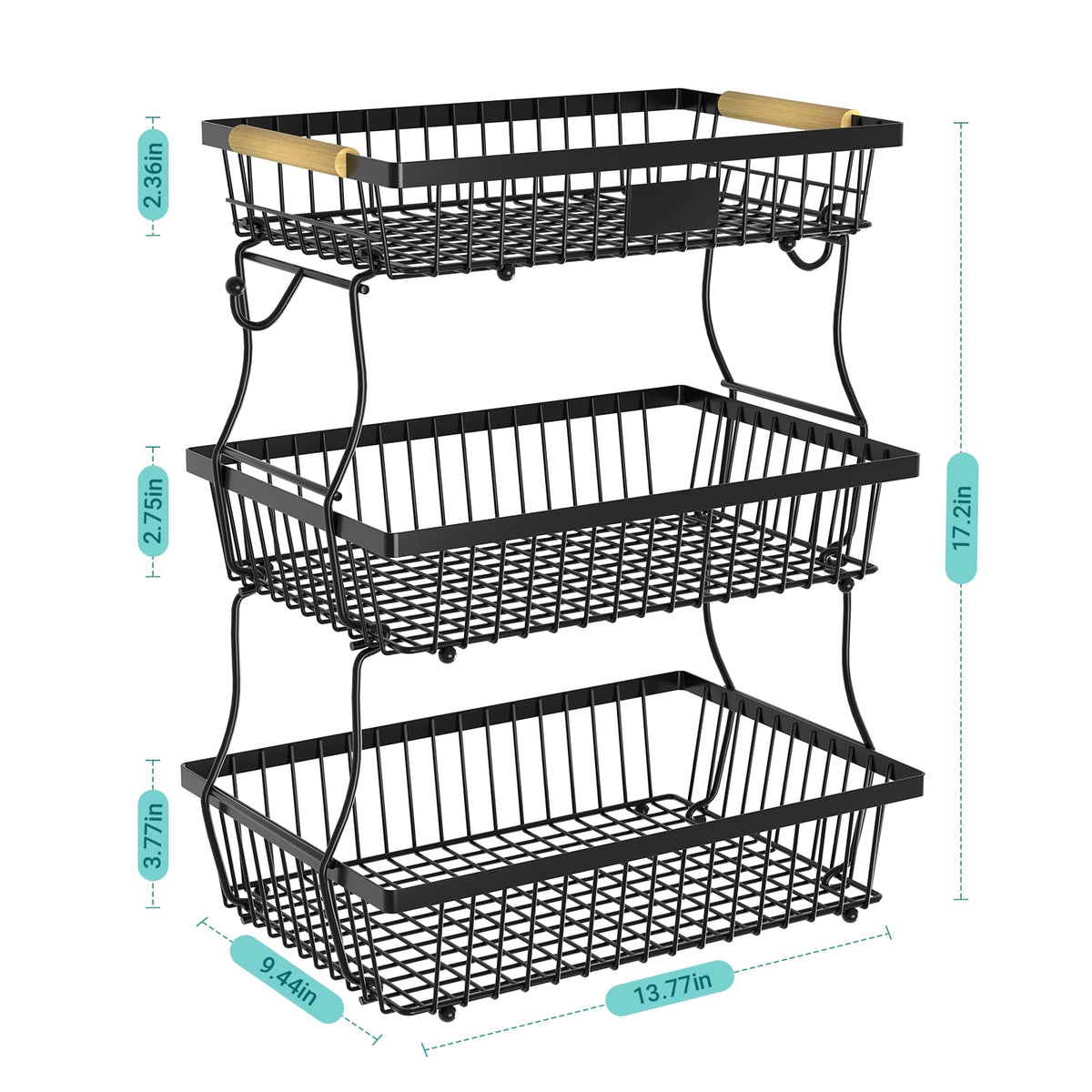 Astrorhine 3 Tier Fruit Basket for Kitchen Counter with 2 Banana Hangers, Countertop Metal Fruit Bowl with Wooden Handle, Large Storage Stand for Vegetables, Snacks, Breads, Produce Storage – Black