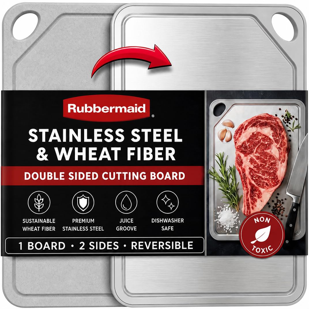 Rubbermaid Stainless Steel Cutting Board, Dishwasher Safe Double Sided Cutting Boards for Kitchen | BPA Free Non Toxic Chopping Board for Meat, Veggies & Fruits | Wheat Fiber & Steel Cutting Board