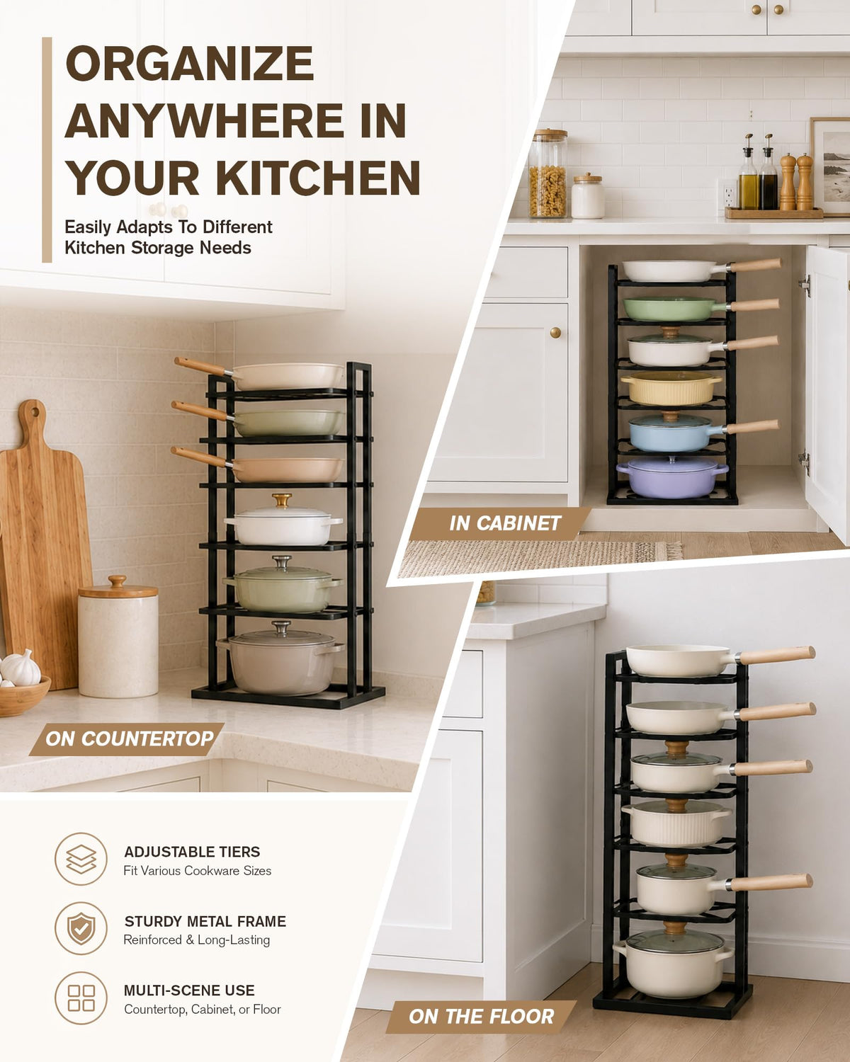 HULISEN Pots and Pans Organizer Under Cabinet, Adjustable 6-Tier Pot Rack