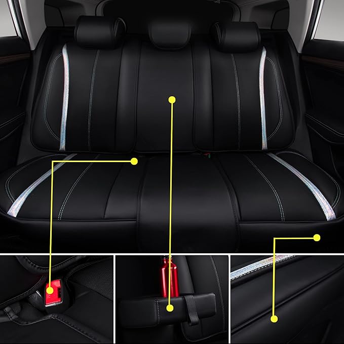 CAR PASS Nappa Leather Seat Covers, Waterproof Durable Universal fit for Women Girly SUV Truck,Anti-Slip Driver Seat Cover with Backrest, full set 5 Holographic Black Silver strips Iridescent colorful