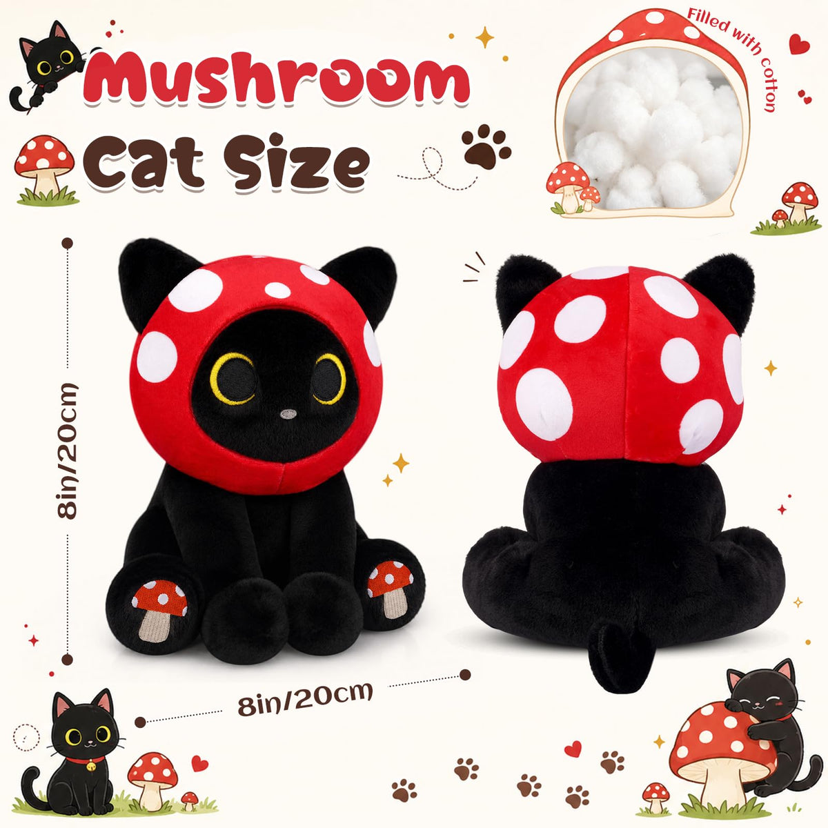 JEROKUMI Cat Mushroom Plush - 8" Black Cat Stuffed Animal