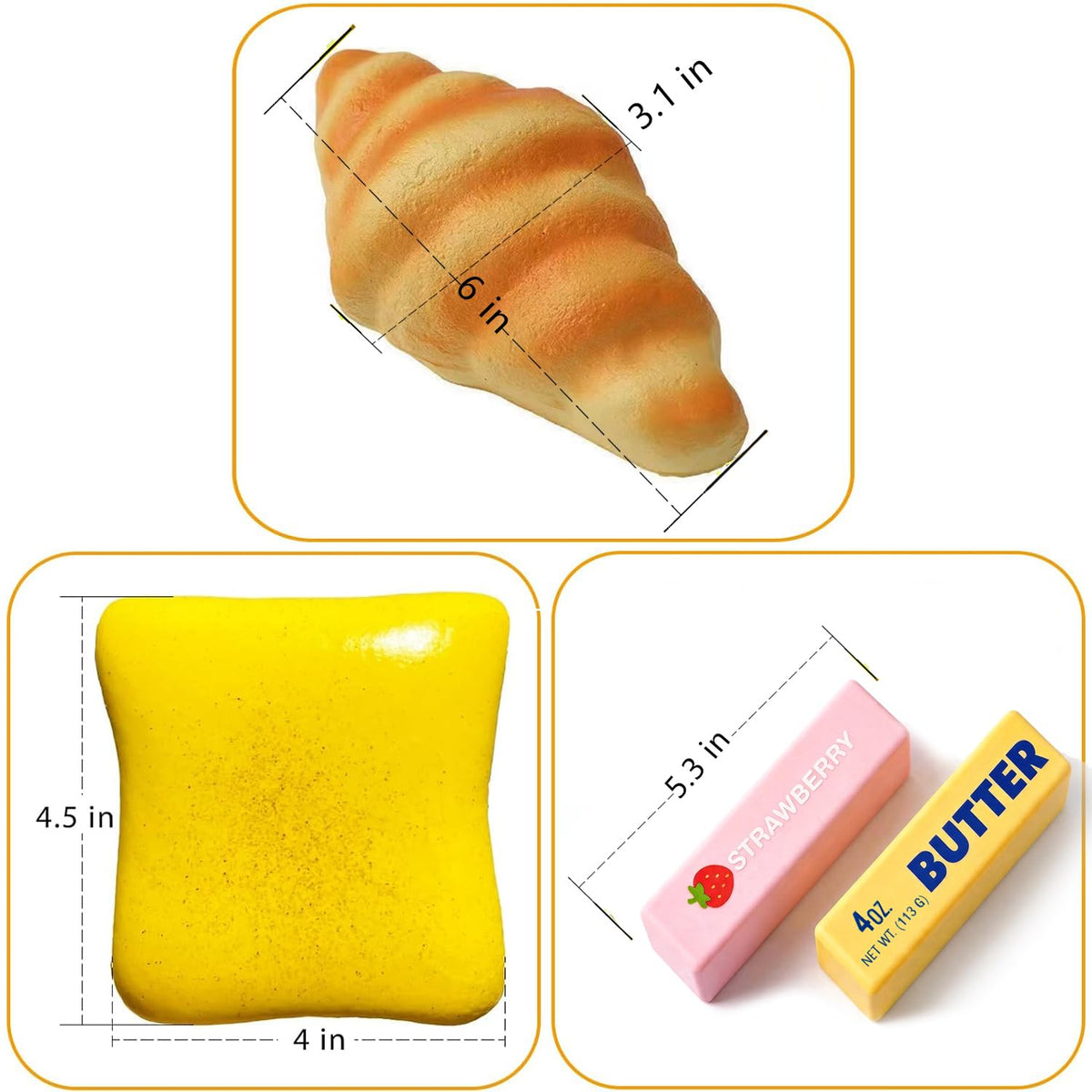 4Pcs Squishy Toys Set, Slow Rising Butter Squishy, Toast Bread and Croissant Squishies, Soft PU Foam Squeeze Toys for Stress Relief, Fidget Toys, Party Favors, Desk Toys, Gifts for Adults