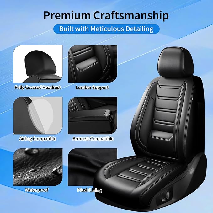Fit Ridgeline Car Seat Covers for Select Honda Ridgeline 2007-2025 2026 - Premium Full Coverage Leather, Airbag Compatible, Waterproof & All Weather Seat Cushion Protector, Full Set, Black