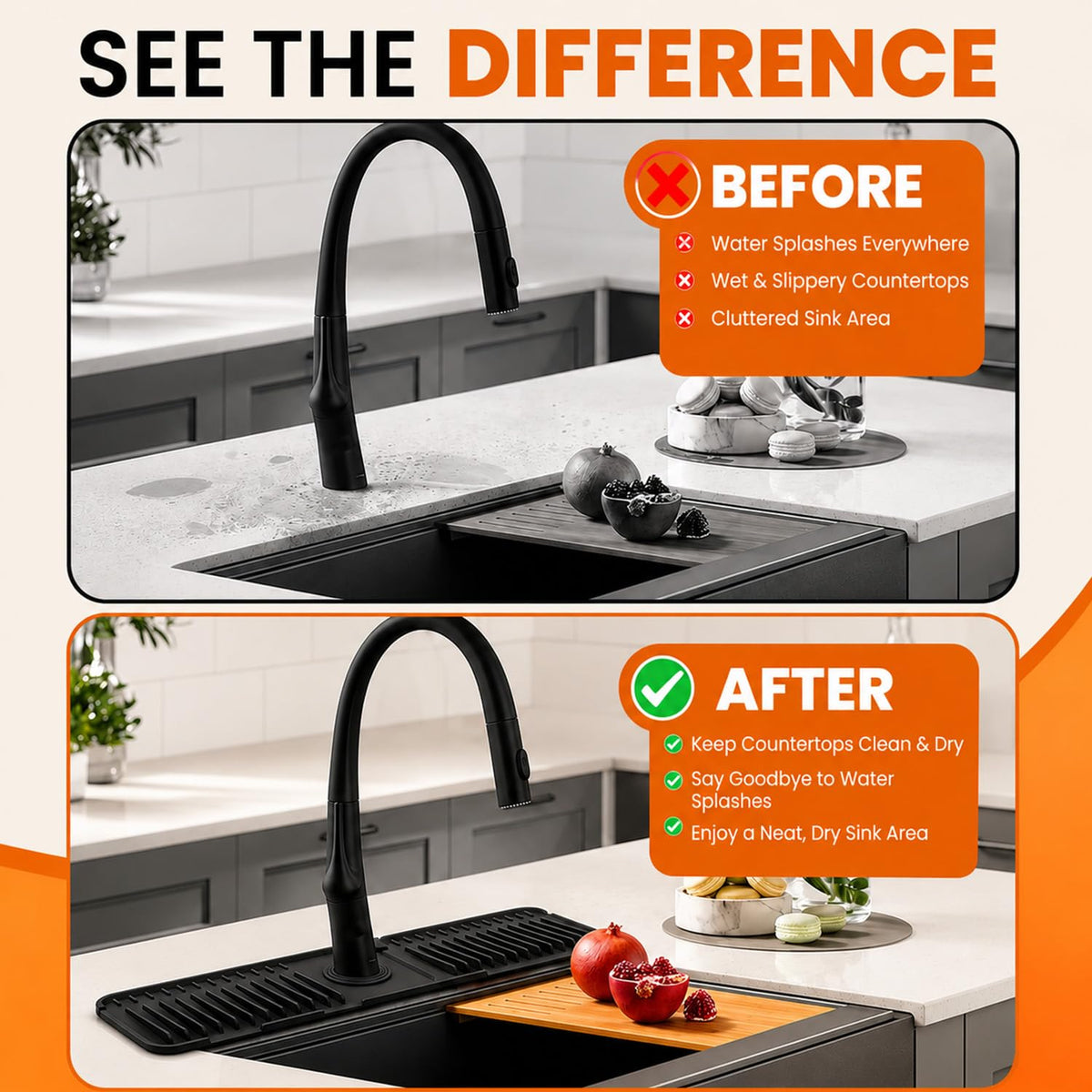 24 Inch Silicone Faucet Mat for Kitchen Sink Splash Guard, W/Sink Baffle