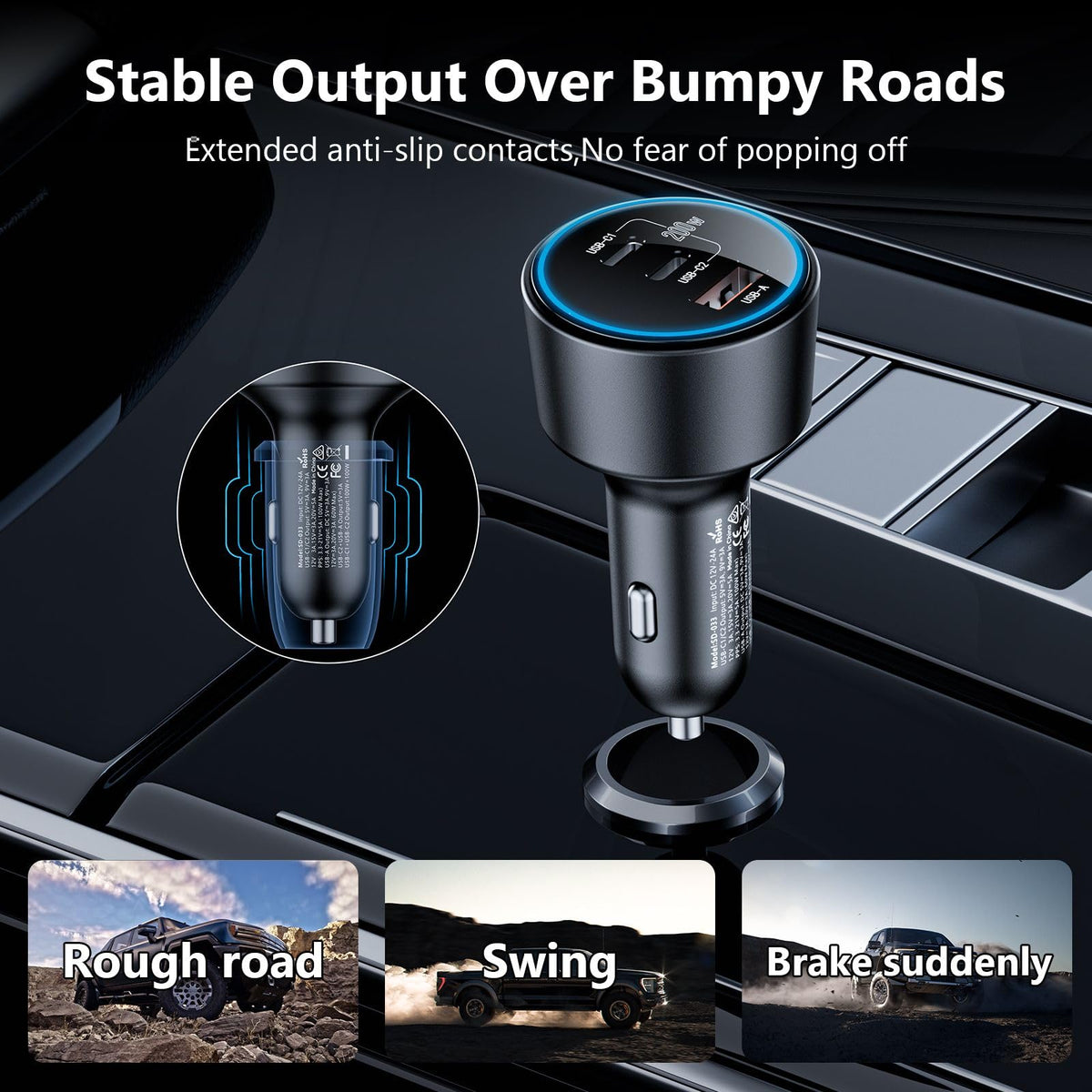 USB C Car Charger Fast Charging 200W, Dual PD 100W Type C Car Charger，