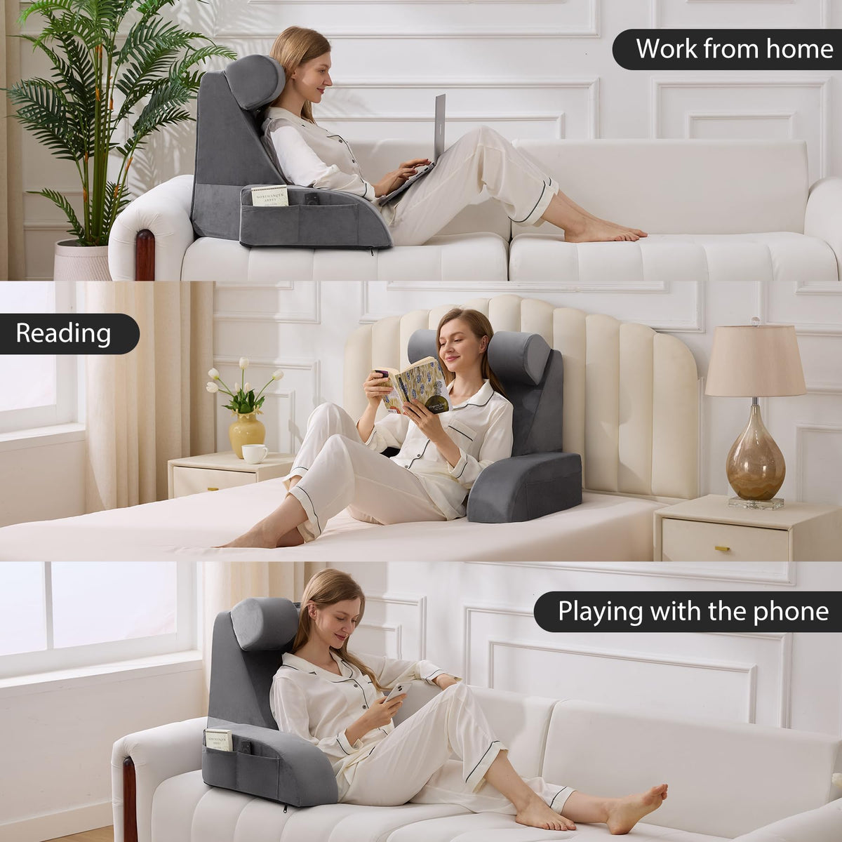 Velorose 19" Reading Pillow for Sitting Up in Bed, Flip-Up Headrest, Grey